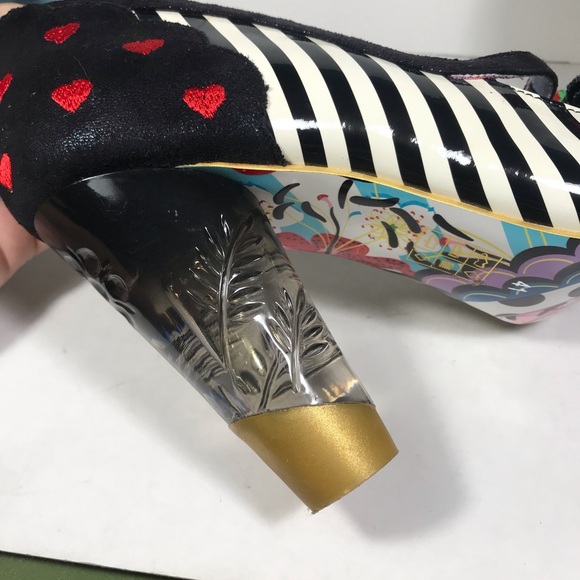 Irregular Choice Black and White Striped Heels with Red Heart Strawberry Accent - Picture 4 of 7